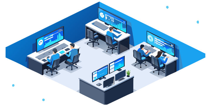 Isometric view of a modern data analysis and monitoring control room