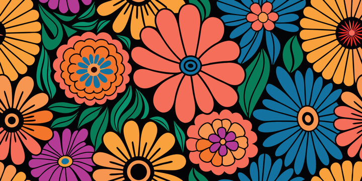 A vibrant repeating pattern of stylized flowers in bold retro colors