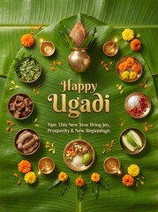 Fototapeta premium Ugadi celebration with traditional food and flowers on green leaf