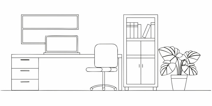 Line drawing of a modern home office setup with desk and plant