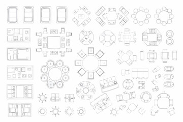 Overhead view of various furniture arrangements and interior design elements
