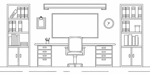 Minimalist line drawing of a home office setup with desk and bookshelves © Juel