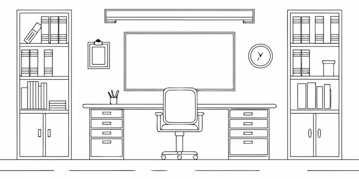 Minimalist line drawing of a home office setup with desk and bookshelves
