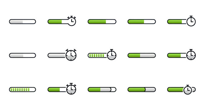 Loading Bar Icons Set with Timer, Progress Indicators, Status Bars, UI Elements