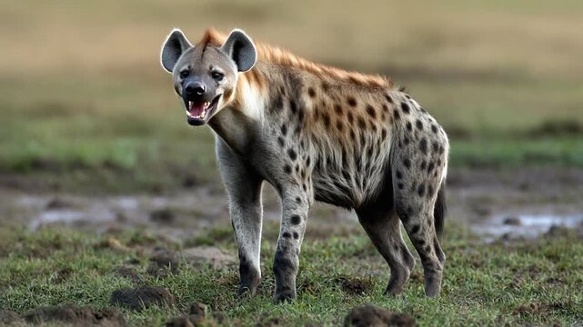 Hyena spotted in its natural habitat, mouth open and snarling, showcasing its unique features and predatory instincts
