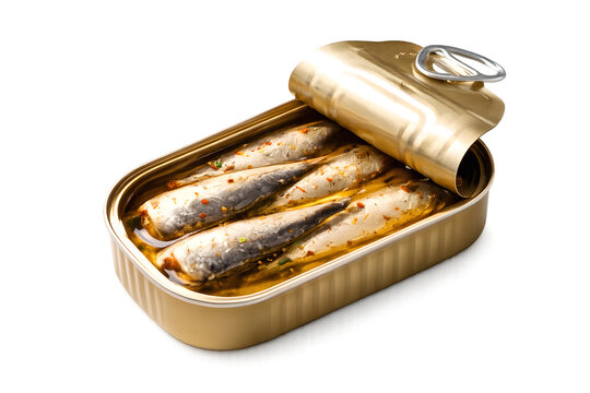 Open tin can of sardines in oil isolated on white background