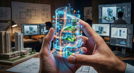 Architect holding holographic skyscraper model with glowing fiber optic lights in professional design studio workspace
