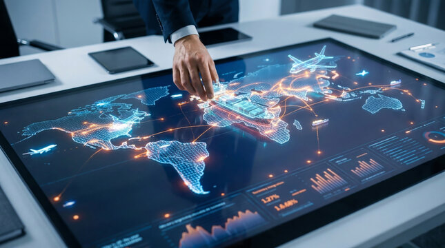 Global logistics management dashboard with interactive world map tracking international shipping routes and air transport