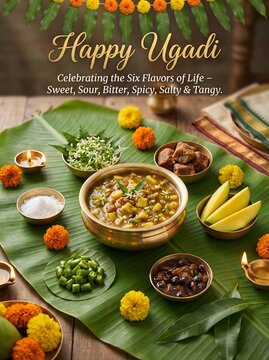 Ugadi celebration with traditional indian food on banana leaf