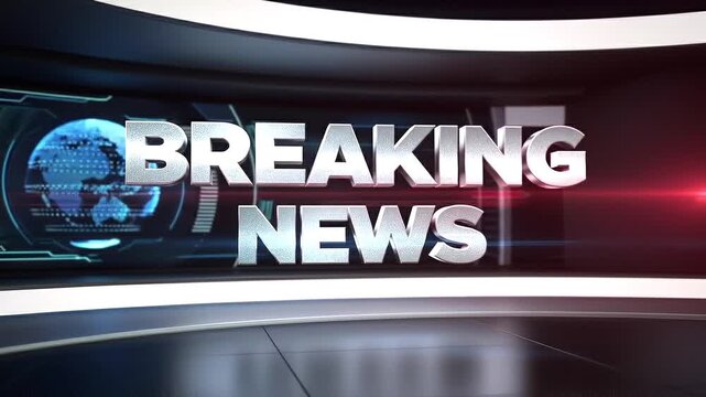 Breaking news title with silver 3D lettering appearing in a professional newsroom studio setting