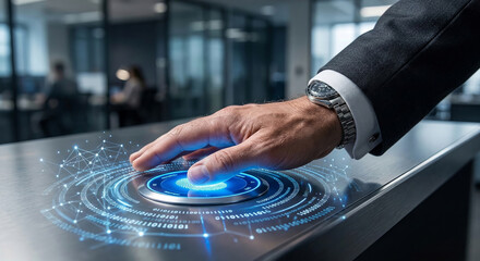 Man using futuristic biometric fingerprint scanner for secure access and identification technology