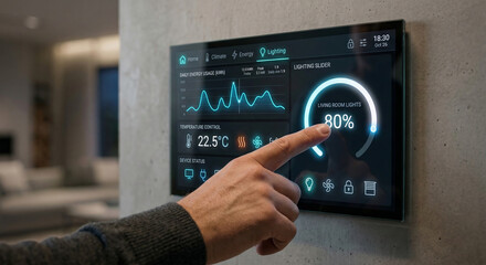 Modern home automation wall panel with touchscreen display controlling energy lighting and climate settings in interior