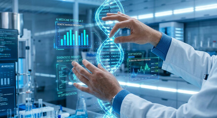 Scientist hands touching virtual dna hologram, future medicine system concept, genetic marker analysis, diagnostic insights