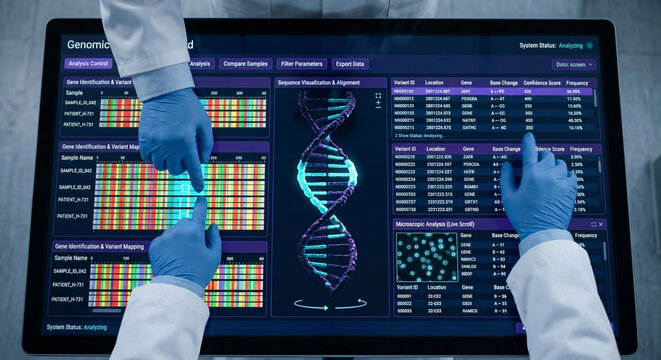 Scientists analyze genomic data on futuristic holographic display showing dna structure and genetic sequence analysis