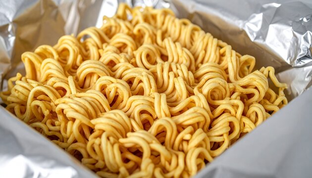 Close-up of instant noodles in a foil packet ready to be cooked
