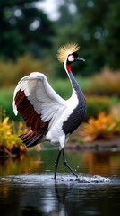 Fototapeta premium A bird that is standing in the water with its wings spread