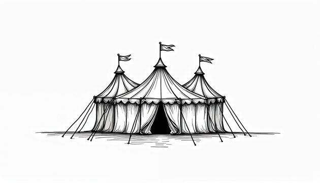 Vintage circus tent with three peaks and flags. Simple line drawing shows canvas structure with open entrance and guy ropes. Classic entertainment venue for shows and performances.