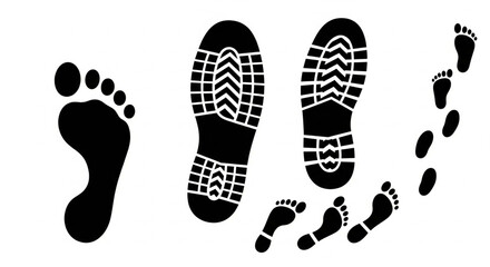 A series of footprints and shoe prints in various sizes leading in a curved path