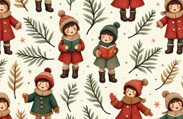Naklejka premium Cute children in winter clothes sing carols from books near evergreen branches. Festive pattern for holiday designs and decorations. Joyful winter activity.