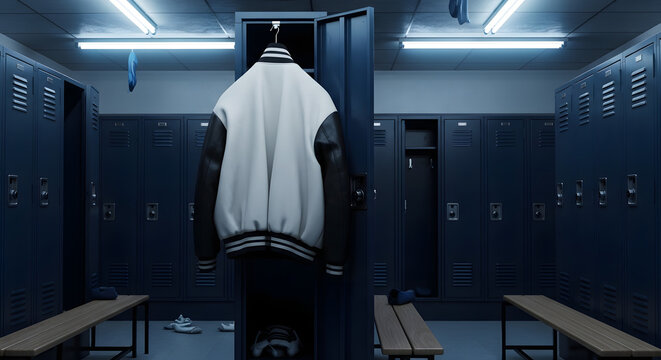 Blank white and black varsity jacket mockup on hanger in dark blue sports locker room