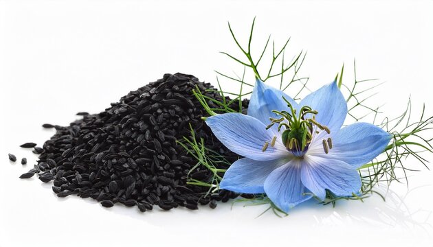 black cumin seeds with nigella sativa flower on white background