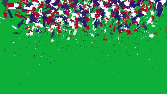  Confetti in the Colors of the American Flag Falling on Green Screen Background