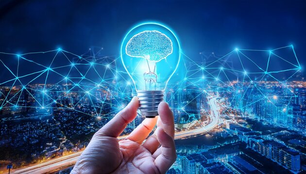 innovative technology concept n hand holding light bulb with smart brain and digital network on futuristic blue city background