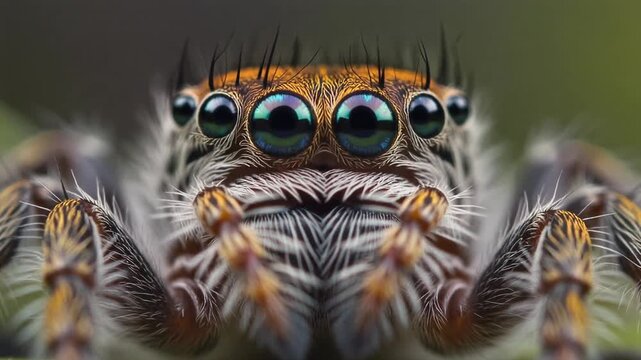 Macro shot of a jumping spider's face with its multiple eyes and hairy legs in sharp focus