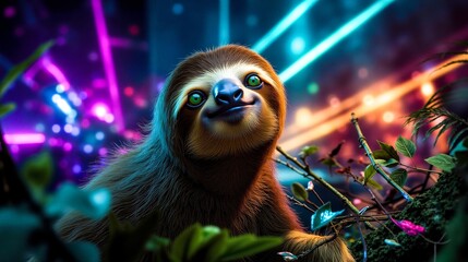 Fototapeta premium A sloth in a jungle with neon lights in the background