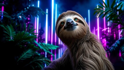 Fototapeta premium A sloth in the middle of a jungle with neon lights