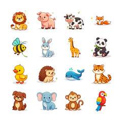 Fototapeta premium Cute cartoon animal collection set with lion, panda, rabbit, giraffe, whale, tiger, monkey and other animals isolated on gray background