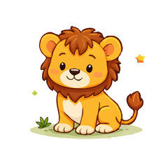 Fototapeta premium Brave little lion cub cartoon vector sitting on grass.