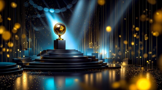 A stage set up for an award ceremony with a globe on top of it