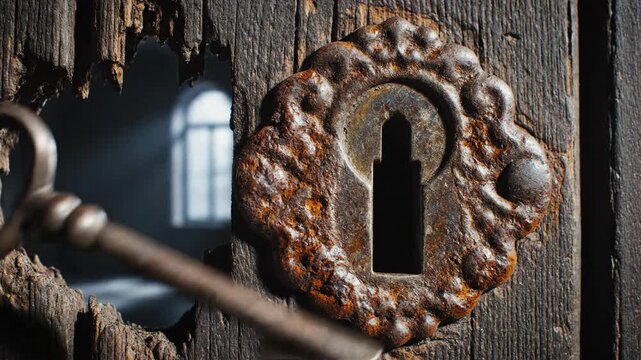 Rusted key entering old broken door