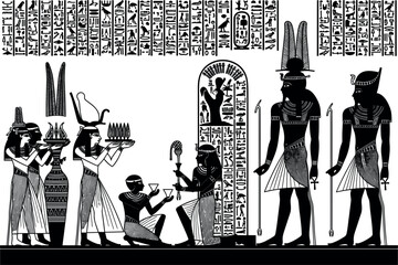 Ancient Egyptian Gods and Hieroglyphs Illustration in Black Silhouette Style with Traditional Mythology Scene © MDEsmayil