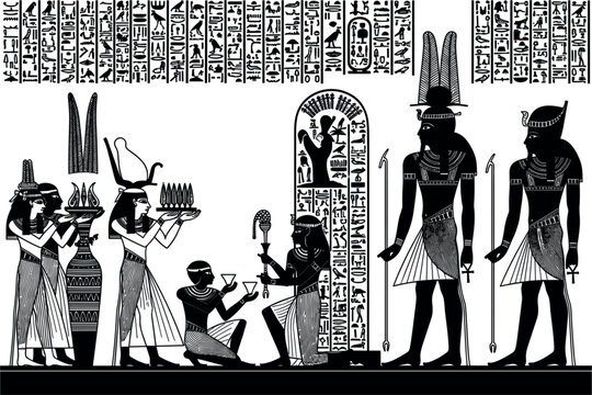 Ancient Egyptian Gods and Hieroglyphs Illustration in Black Silhouette Style with Traditional Mythology Scene