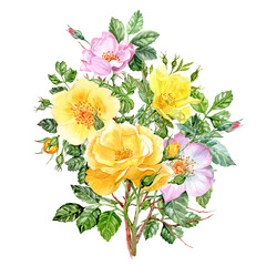 Obraz premium Lush rosehip bouquet with flowers in yellow and pink colors
