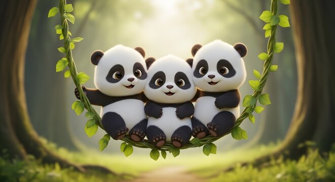 Three happy 3D panda cubs sitting in a row on a vine swing. Happiness and youthful joy. Adorable panda triplets playing together in a bright summer forest