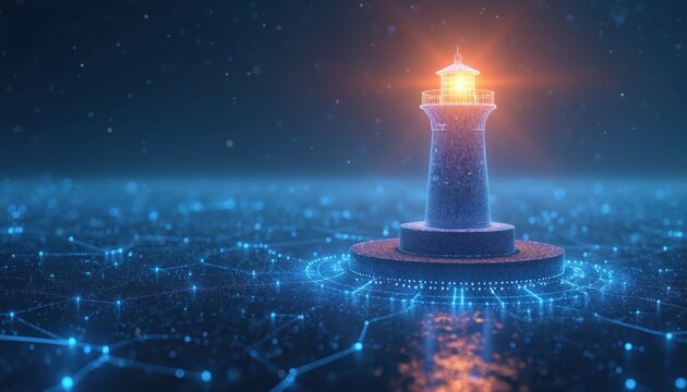 Digital lighthouse glows bright on connected data streams. Futuristic tech tower provides guidance, navigation through abstract cyberspace ocean. Information light illuminates network connections.