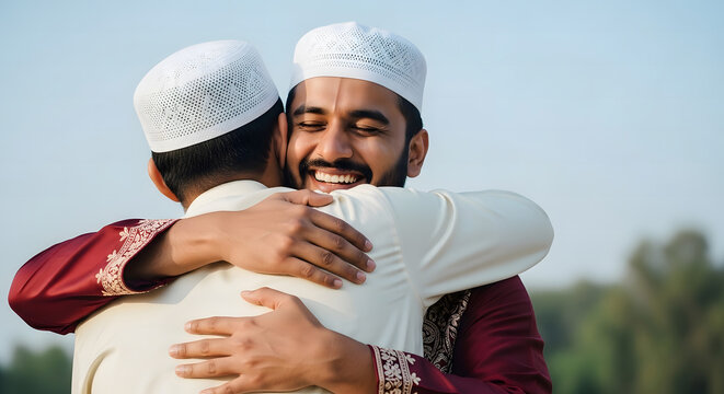 Joyful Embrace of Two Muslim Men in Traditional Attire for Eid Celebration
