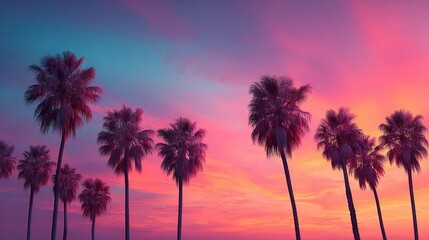 Obraz premium Palm trees silhouetted against a vibrant sunset sky with shades of pink and blue