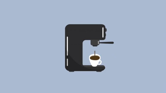 Coffee Animation. Coffee Machine, Cup of Coffee, Coffee Making Process. Household Appliances. Animated Text in a Circle Coffee is the Answer to All Problems. Video in Black, Brown, White on Blue