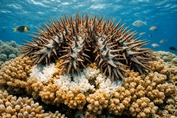 Crown of Thorns Starfish on Coral Reef Close Up