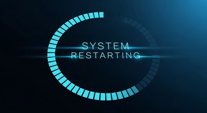 System restarting animation with a circular progress bar and glowing blue light, indicating computer reboot.