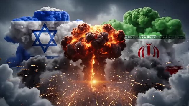 Conflict between Iran and Israel symbolized by explosive cloud formations with national flag imagery rising in sky dramatic geopolitical tension global crisis concept video