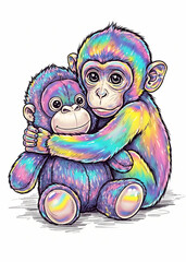 Obraz premium Colorful baby monkey embracing an adorable rainbow plush toy, showing love, friendship, and childhood fun