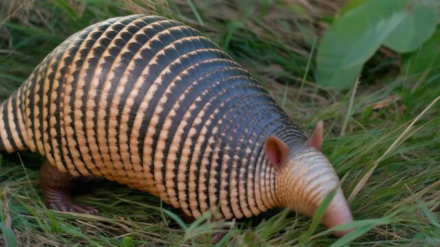 Close up of an armadillo with banded shell foraging in lush green grass and foliage