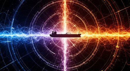 Obraz premium Abstract maritime logistics concept featuring a tanker ship silhouette amidst glowing high-speed fiber optic data transmission lines
