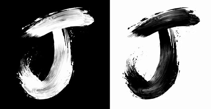 Brushstroke letter J in bold grunge style on split isolated black and white background, symbolizing contrast and creativity
