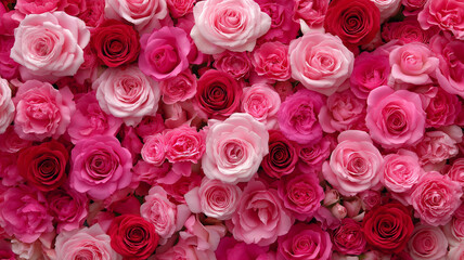 Fototapeta premium Vibrant wall of pink and red roses brings joy to any space with their beautiful blooms all year round Generative AI